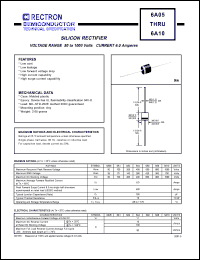 6A10 datasheet: Silicon rectifier. Gurrent 6.0 Amps. VRRM = 1000V, VRMS = 700V, VDC = 1000V 6A10