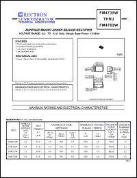 FM4735W datasheet: Surface mount zener silicon rectifier. Zener voltage Vz=6.2V(nom). Standard voltage tolerance 10%, suffix A: +-5%. FM4735W