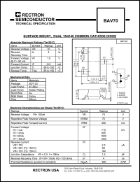 BAV70 datasheet: Surface mount, dual 1N4148 common cathod diode. BAV70