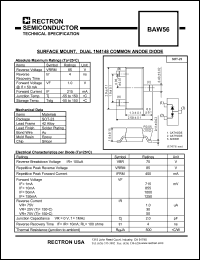 BAW56 datasheet: Surface mount, dual 1N4148 common anode diode. BAW56