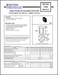 BR108 datasheet: Single-phase silicon bridge rectifier. VRRM = 800V, VRMS = 560V, VDC = 800V. Current 10A. BR108