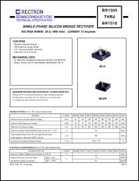 BR1505 datasheet: Single-phase silicon bridge rectifier. VRRM = 50V, VRMS = 35V, VDC = 50V. Current 15A. BR1505