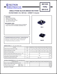 BR154 datasheet: Single-phase silicon bridge rectifier. VRRM = 400V, VRMS = 280V, VDC = 400V. Current 15A. BR154