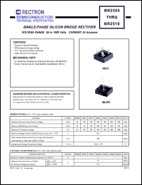BR2505 datasheet: Single-phase silicon bridge rectifier. VRRM = 50V, VRMS = 35V, VDC = 50V. Current 25A. BR2505