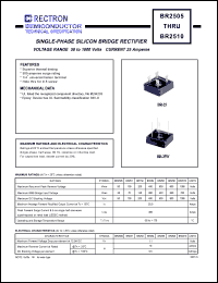 BR254 datasheet: Single-phase silicon bridge rectifier. VRRM = 400V, VRMS = 280V, VDC = 400V. Current 25A. BR254