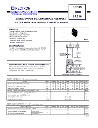 BR305 datasheet: Single-phase silicon bridge rectifier. VRRM = 50V, VRMS = 35V, VDC = 50V. Current 3.0A. BR305