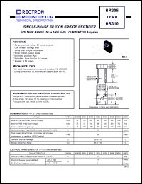 BR38 datasheet: Single-phase silicon bridge rectifier. VRRM = 800V, VRMS = 560V, VDC = 800V. Current 3.0A. BR38