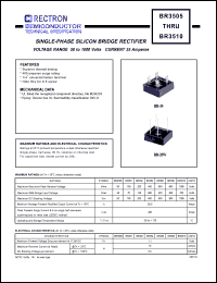 BR3505 datasheet: Single-phase silicon bridge rectifier. VRRM = 50V, VRMS = 35V, VDC = 50V. Current 35A. BR3505