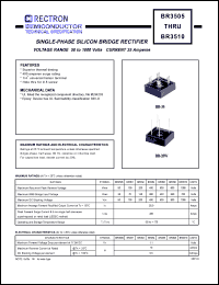 BR351 datasheet: Single-phase silicon bridge rectifier. VRRM = 100V, VRMS = 70V, VDC = 100V. Current 35A. BR351