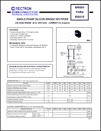 BR605 datasheet: Single-phase silicon bridge rectifier. VRRM = 50V, VRMS = 35V, VDC = 50V. Current 6.0A. BR605