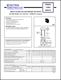 BR62 datasheet: Single-phase silicon bridge rectifier. VRRM = 200V, VRMS = 140V, VDC = 200V. Current 6.0A. BR62