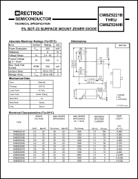 CMBZ5222B datasheet: 5% surface mount zener diode. Zener voltage Vz = 2.5V at Iz = 20mA. CMBZ5222B
