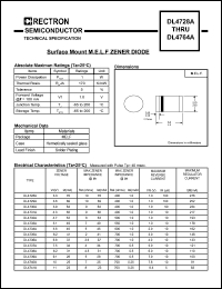 DL4728A datasheet: Surface mount zener diode. Zener voltage Vz = 3.3V at Izt = 76mA. DL4728A