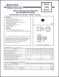 DB103 datasheet: Single-phase glass passivated silicon bridge rectifier. VRRM = 200V, VRMS = 140V, VDC = 200V. Current 1.0A. DB103