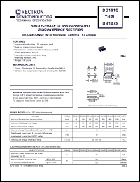 DB102S datasheet: Single-phase glass passivated silicon bridge rectifier. MaxVRRM = 100V, maxVRMS = 70V, maxVDC = 100V. Current 1.0A. DB102S