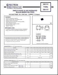 DB151 datasheet: Single-phase glass passivated silicon bridge rectifier. MaxVRRM = 50V, maxVRMS = 35V, maxVDC = 50V. Current 1.5A. DB151