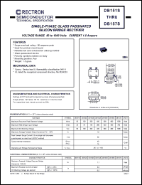 DB157S datasheet: Single-phase glass passivated silicon bridge rectifier. MaxVRRM = 1000V, maxVRMS = 700V, maxVDC = 1000V. Current 1.5A. DB157S