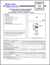 ESM106 datasheet: Surface mount glass passivated super fast silicon rectifier. MaxVRRM = 400V, maxVRMS = 280V, maxVDC = 400V. Current 1.0A. ESM106