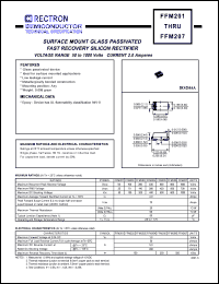 FFM102 datasheet: Surface mount glass passivated fast recovery silicon rectifier. MaxVRRM = 100V, maxVRMS = 70V, maxVDC = 100V. Current 1.0A. FFM102