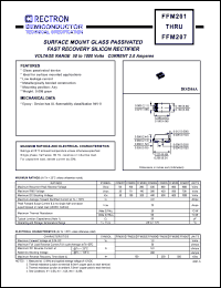 FFM203 datasheet: Surface mount glass passivated fast recovery silicon rectifier. MaxVRRM = 200V, maxVRMS = 140V, maxVDC = 200V. Current 2.0A. FFM203