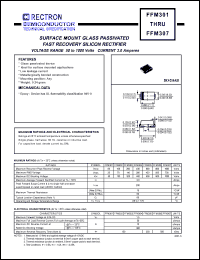 FFM305 datasheet: Surface mount glass passivated fast recovery silicon rectifier. MaxVRRM = 600V, maxVRMS = 420V, maxVDC = 600V. Current 3.0A. FFM305