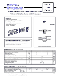 FM140L datasheet: Surface mount schottky barrier rectifier. MaxVRRM = 40V, maxVRMS = 28V, maxVDC = 40V. Current 1.0A. FM140L