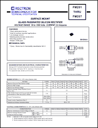 FM201 datasheet: Surface mount glass passivated silicon rectifier. MaxVRRM = 50V, maxVRMS = 35V, maxVDC = 50V. Current 2.0A. FM201