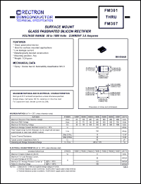 FM301 datasheet: Surface mount glass passivated silicon rectifier. MaxVRRM = 50V, maxVRMS = 35V, maxVDC = 50V. Current 3.0A. FM301