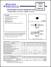 FM340 datasheet: Surface mount schottky barrier rectifier. MaxVRRM = 40V, maxVRMS = 28V, maxVDC = 40V. Current 3.0A. FM340