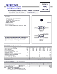 FM350 datasheet: Surface mount schottky barrier rectifier. MaxVRRM = 50V, maxVRMS = 35V, maxVDC = 50V. Current 3.0A. FM350
