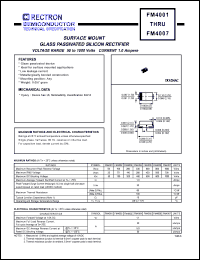 FM4001 datasheet: Surface mount glass passivated silicon rectifier. MaxVRRM = 50V, maxVRMS = 35V, maxVDC = 50V. Current 1.0A. FM4001