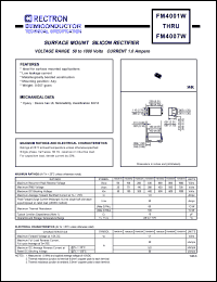 FM4001W datasheet: Surface mount silicon rectifier. MaxVRRM = 50V, maxVRMS = 35V, maxVDC = 50V. Current 1.0A. FM4001W