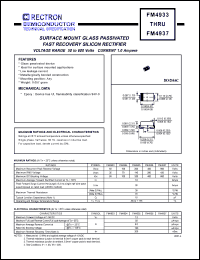 FM4937 datasheet: Surface mount glass passivated fast recovery silicon rectifier. MaxVRRM = 600V, maxVRMS = 420V, maxVDC = 600V. Current 1.0A. FM4937