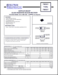 FM501 datasheet: Surface mount glass passivated silicon rectifier. MaxVRRM = 50V, maxVRMS = 35V, maxVDC = 50V. Current 5.0A. FM501