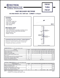 FR101 datasheet: Fast recovery rectifier. MaxVRRM = 50V, maxVRMS = 35V, maxVDC = 50V. Current 1.0A. FR101