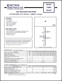 FR103 datasheet: Fast recovery rectifier. MaxVRRM = 200V, maxVRMS = 140V, maxVDC = 200V. Current 1.0A. FR103