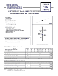 FR105G datasheet: Fast recovery glass passivated rectifier. MaxVRRM = 600V, maxVRMS = 420V, maxVDC = 600V. Current 1.0A. FR105G
