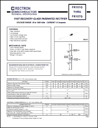 FR153G datasheet: Fast recovery glass passivated rectifier. MaxVRRM = 200V, maxVRMS = 140V, maxVDC = 200V. Current 1.5A. FR153G