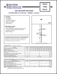 FR157P datasheet: Fast recovery rectifier. MaxVRRM = 1000V, maxVRMS = 700V, maxVDC = 1000V. Current 1.5A. FR157P
