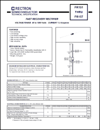 FR155 datasheet: Fast recovery rectifier. MaxVRRM = 600V, maxVRMS = 420V, maxVDC = 600V. Current 1.5A. FR155