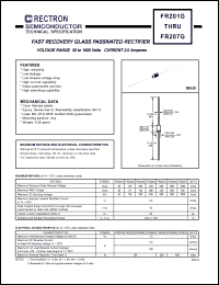 FR203G datasheet: Fast recovery glass passivated rectifier. MaxVRRM = 200V, maxVRMS = 140V, maxVDC = 200V. Current 2.0A. FR203G
