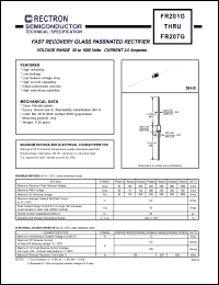 FR202G datasheet: Fast recovery glass passivated rectifier. MaxVRRM = 100V, maxVRMS = 70V, maxVDC = 100V. Current 2.0A. FR202G