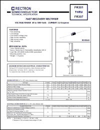 FR306 datasheet: Fast recovery rectifier. MaxVRRM = 800V, maxVRMS = 560V, maxVDC = 800V. Current 3.0A. FR306
