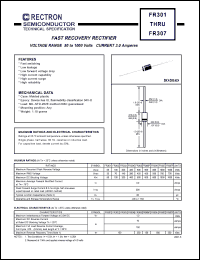 FR302 datasheet: Fast recovery rectifier. MaxVRRM = 100V, maxVRMS = 70V, maxVDC = 100V. Current 3.0A. FR302