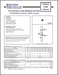 FR302G datasheet: Fast recovery glass passivated rectifier. MaxVRRM = 100V, maxVRMS = 70V, maxVDC = 100V. Current 3.0A. FR302G