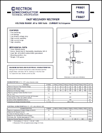 FR606 datasheet: Fast recovery rectifier. MaxVRRM = 800V, maxVRMS = 560V, maxVDC = 800V. Current 6.0A. FR606