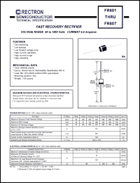 FR605 datasheet: Fast recovery rectifier. MaxVRRM = 600V, maxVRMS = 420V, maxVDC = 600V. Current 6.0A. FR605