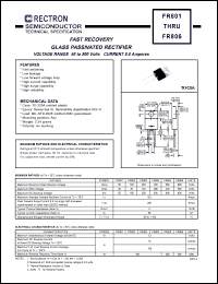 FR801 datasheet: Fast recovery glass passivated rectifier. MaxVRRM = 50V, maxVRMS = 35V, maxVDC = 50V. Current 8.0A. FR801