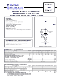 FSM101 datasheet: Surface mount fast recovery glass passivated silicon rectifier. MaxVRRM = 50V, maxVRMS = 35V, maxVDC = 50V. Current 1.0A. FSM101