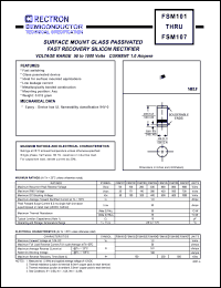 FSM104 datasheet: Surface mount fast recovery glass passivated silicon rectifier. MaxVRRM = 400V, maxVRMS = 280V, maxVDC = 400V. Current 1.0A. FSM104